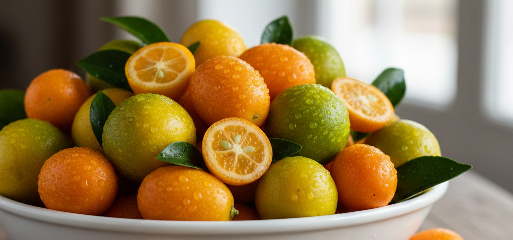 Bol blanco de fruta con kumquat y limequat en su interior.
