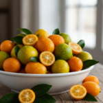 Bol blanco de fruta con kumquat y limequat en su interior.