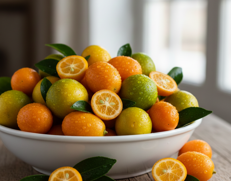 Bol blanco de fruta con kumquat y limequat en su interior.