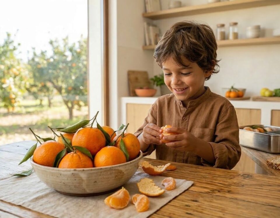 Niño comiéndose una mandarina
