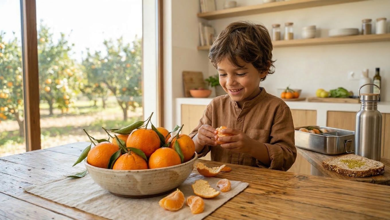Niño comiéndose una mandarina